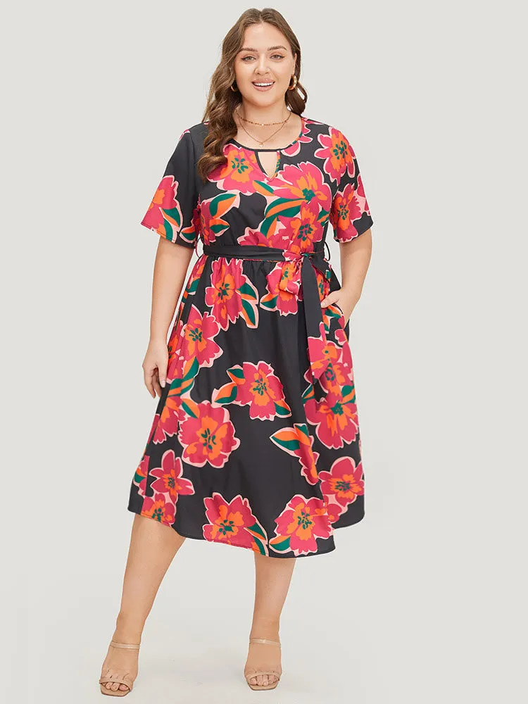 Floral Pocket Belted Keyhole Neck Midi Dress sold by Bloomchic product image thumbnail 2