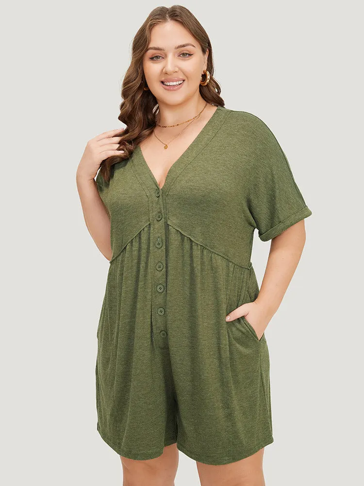 Solid Button Through Pocket Cuffed Batwing Sleeve Romper sold by Bloomchic product image thumbnail 5
