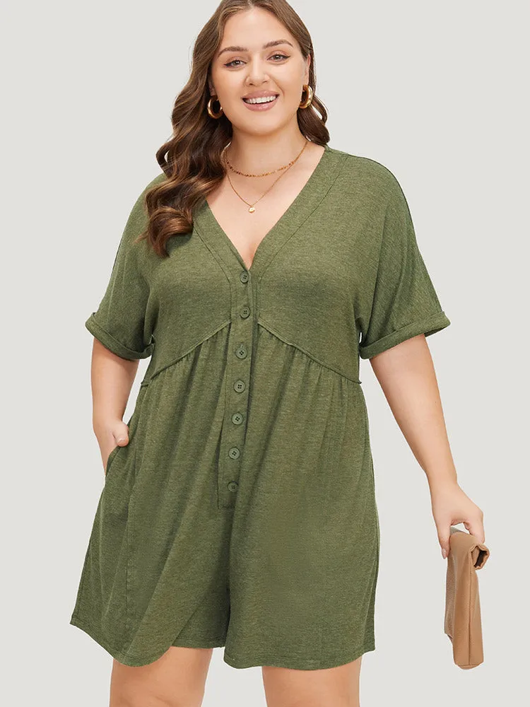 Solid Button Through Pocket Cuffed Batwing Sleeve Romper sold by Bloomchic product image thumbnail 4