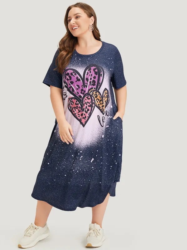 Leopard Heart Print Pocket Arc Hem Graphic Tee Dress sold by Bloomchic