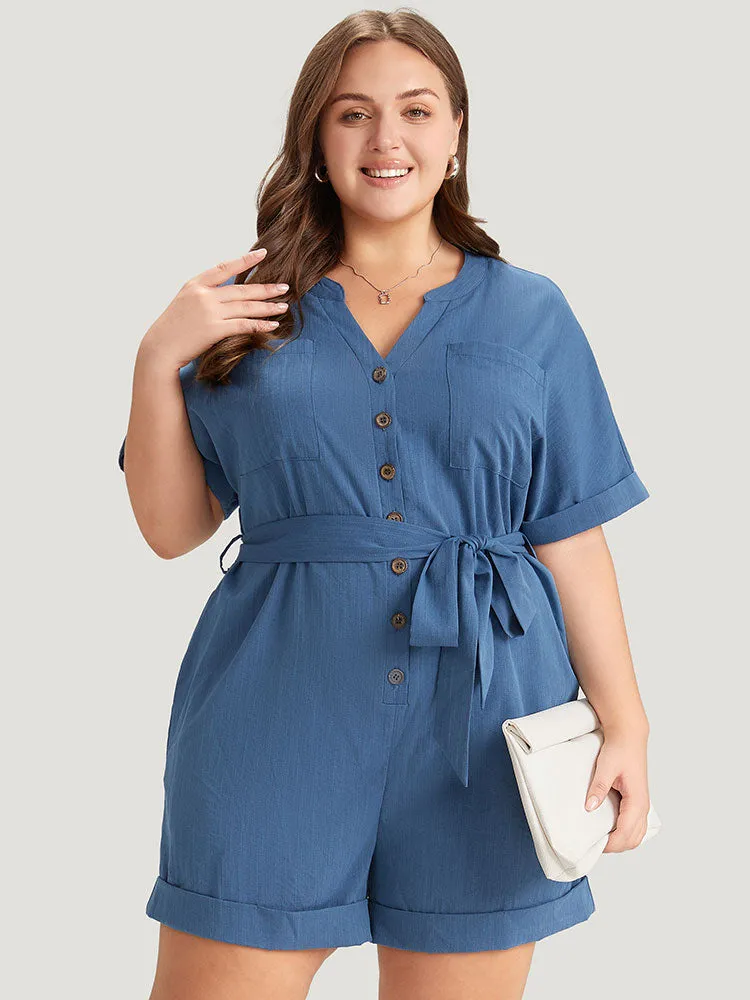 Anti-Wrinkle Solid Patched Pocket Notched Button Up Belt Romper sold by Bloomchic product image thumbnail 3