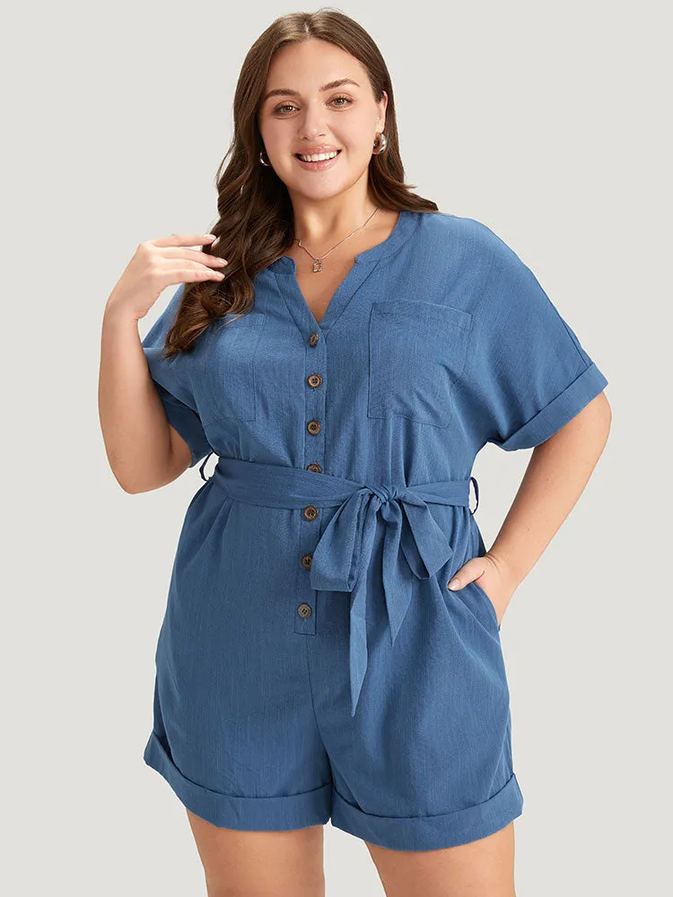Anti-Wrinkle Solid Patched Pocket Notched Button Up Belt Romper sold by Bloomchic product image thumbnail 4
