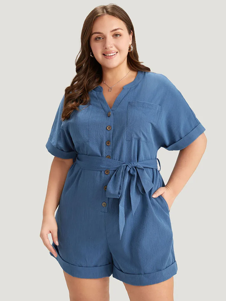 Anti-Wrinkle Solid Patched Pocket Notched Button Up Belt Romper sold by Bloomchic