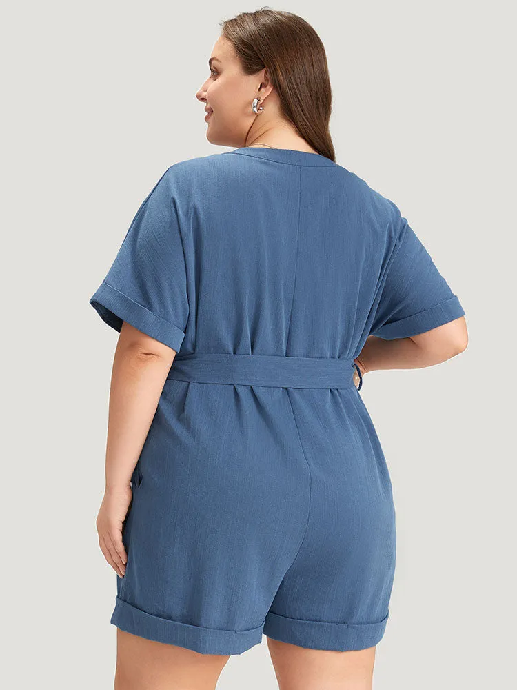 Anti-Wrinkle Solid Patched Pocket Notched Button Up Belt Romper sold by Bloomchic product image thumbnail 2