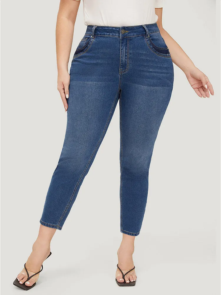 Very Stretchy High Rise Medium Wash Patched Patchwork Jeans sold by Bloomchic product image thumbnail 3