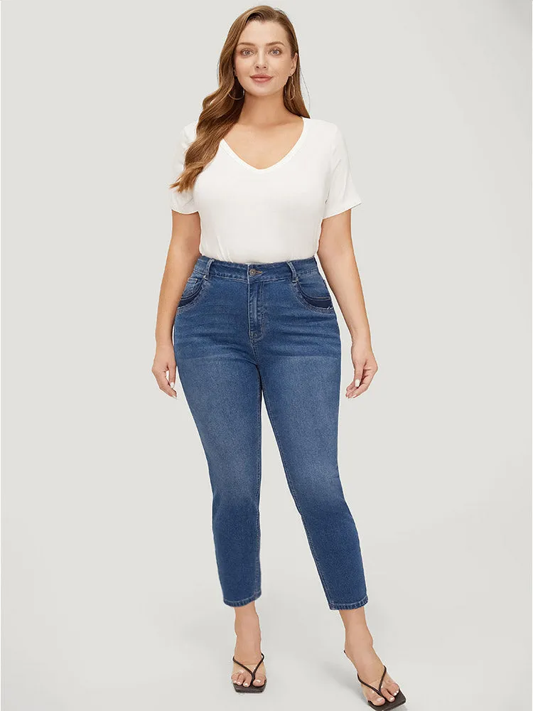 Very Stretchy High Rise Medium Wash Patched Patchwork Jeans sold by Bloomchic product image thumbnail 4