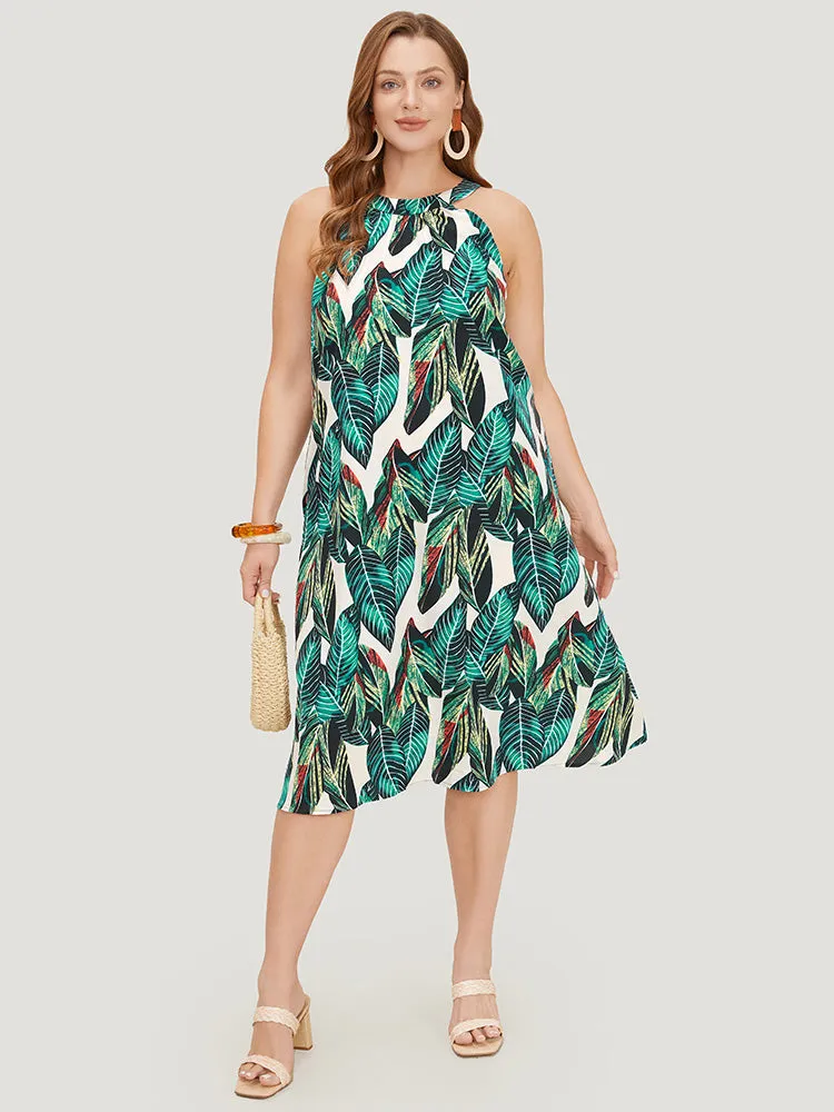 Tropical Print Pocket Keyhole Knotted Halter Dress sold by Bloomchic