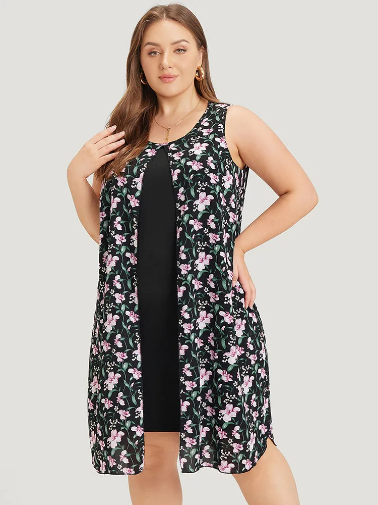 Floral Patchwork Round Neck Split Hem Tank Dress sold by Bloomchic