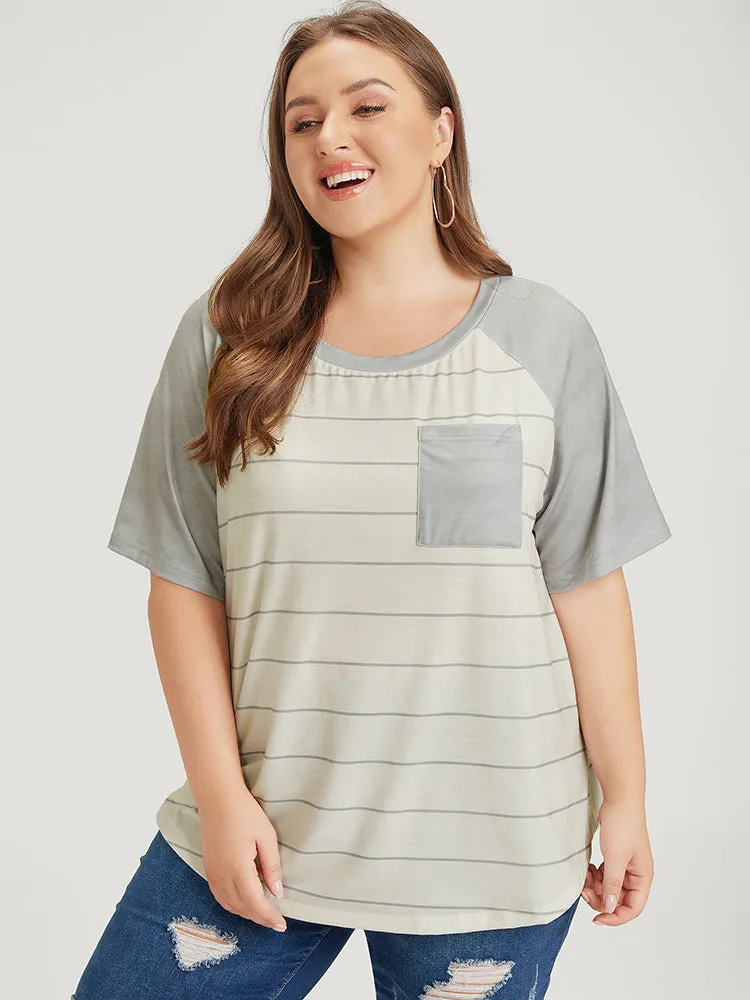 Striped Patched Pocket Raglan Sleeve T-shirt sold by Bloomchic