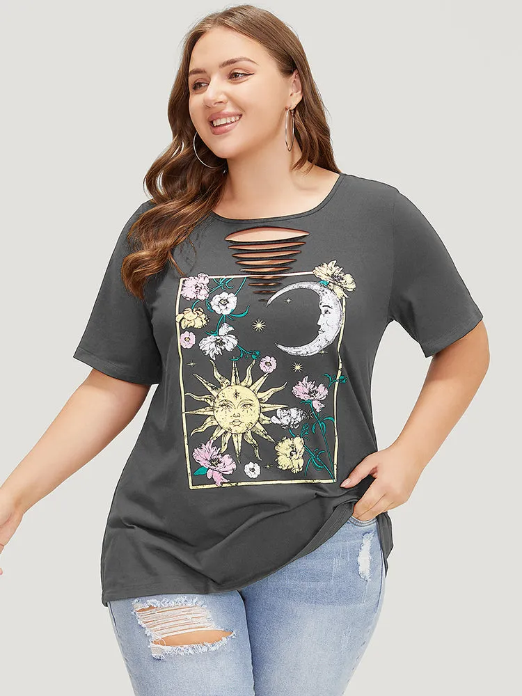 Horoscope Print Crew Neck Graphic Cut Out T-shirt sold by Bloomchic