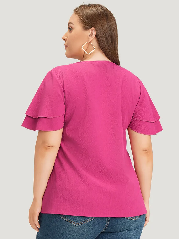 Solid Tie Neck Shirred Flutter Layered Sleeve Blouse sold by Bloomchic product image thumbnail 5