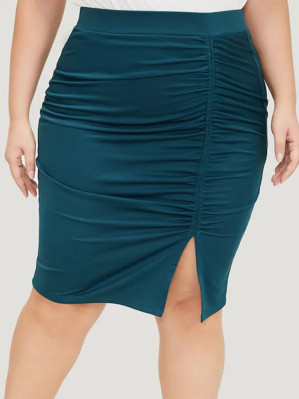 Plain Ruched Bodycon Split Hem Skirt sold by Bloomchic