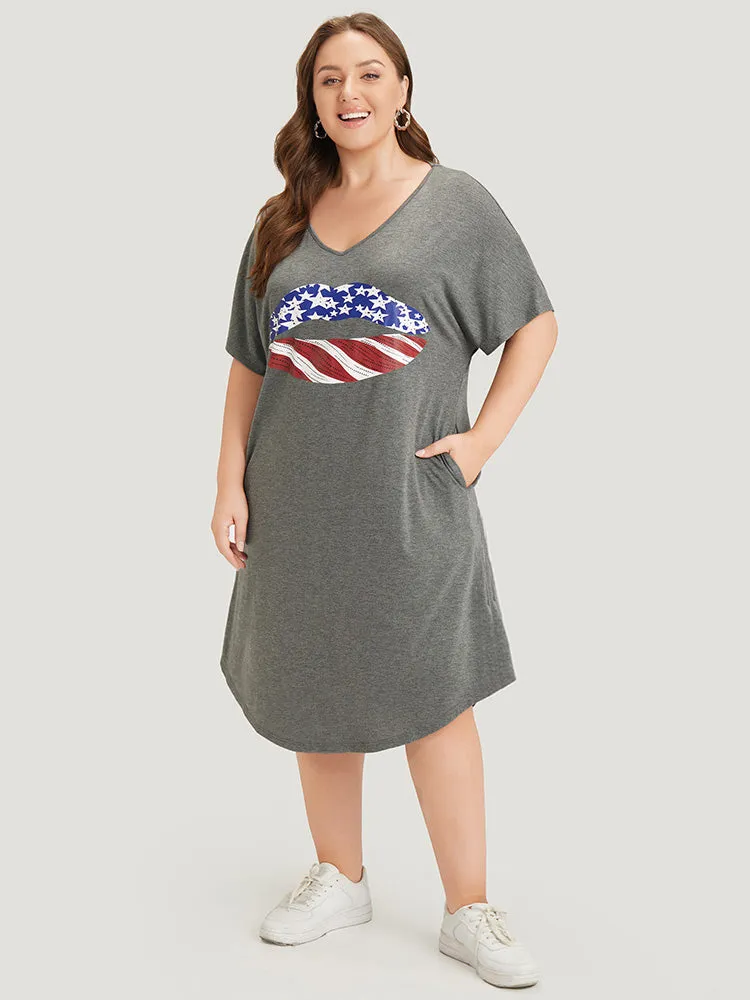 Lip & Star Print Pocket Arc Hem Heather Tee Dress sold by Bloomchic