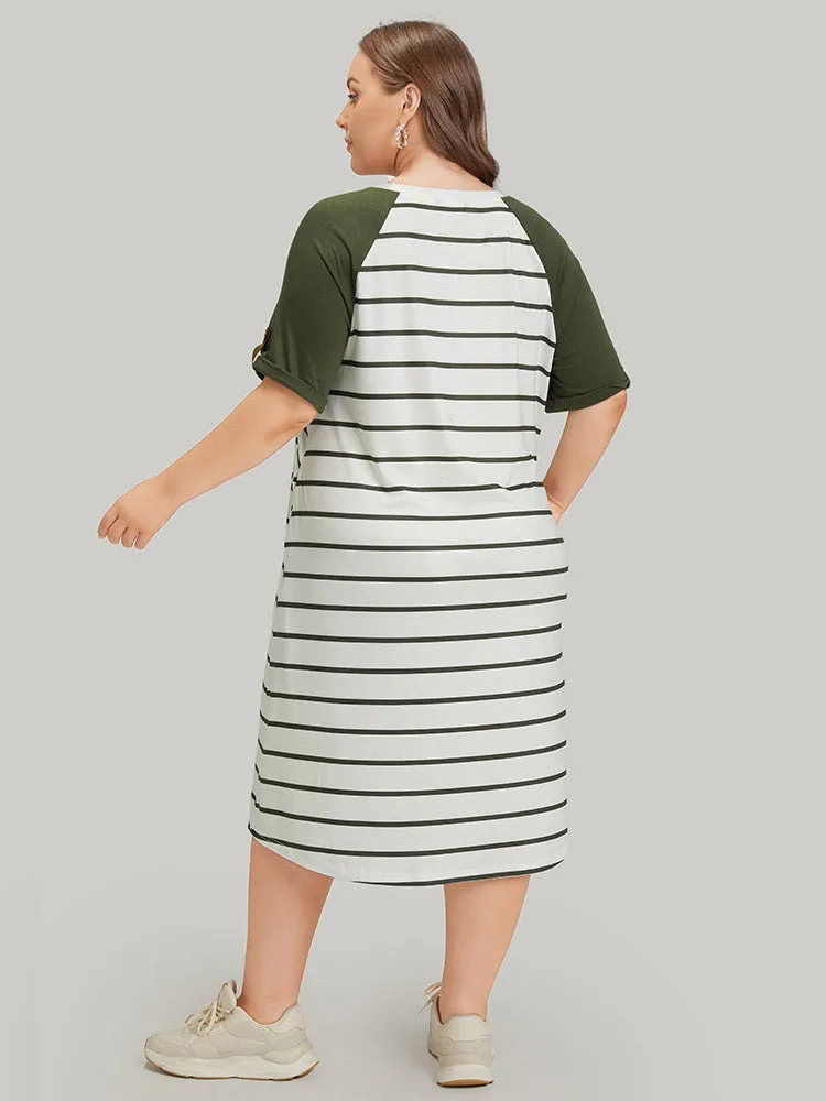 Striped Patched Pocket Roll Raglan Sleeve Tee Dress sold by Bloomchic product image thumbnail 4