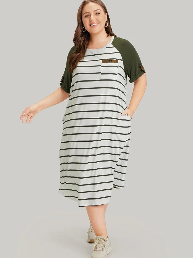 Striped Patched Pocket Roll Raglan Sleeve Tee Dress sold by Bloomchic product image thumbnail 3