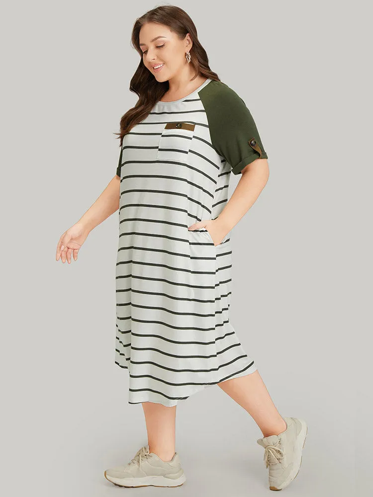 Striped Patched Pocket Roll Raglan Sleeve Tee Dress sold by Bloomchic product image thumbnail 2