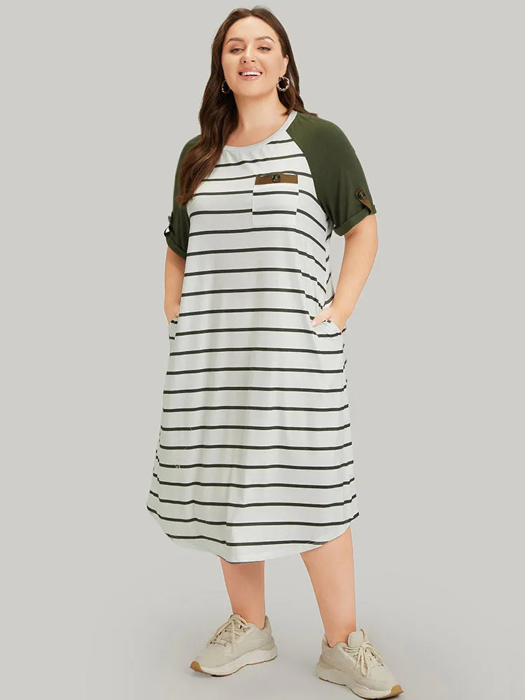 Striped Patched Pocket Roll Raglan Sleeve Tee Dress sold by Bloomchic