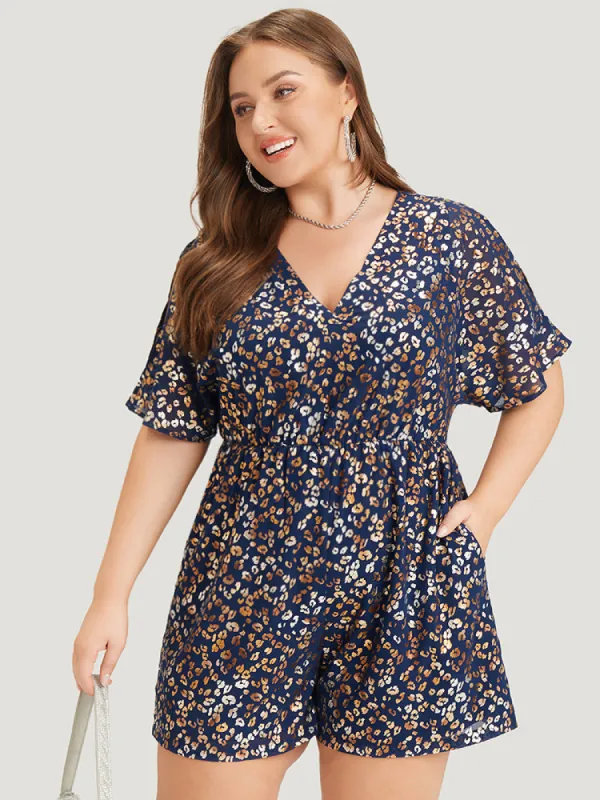 Leopard Glitter Zip Back Pocket Cold Shoulder Romper sold by Bloomchic