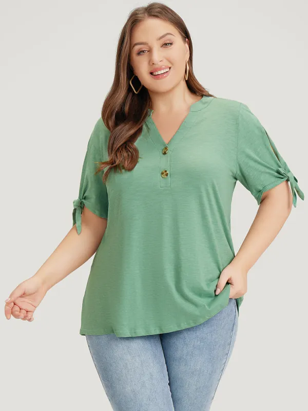 Solid Button Up Notched Knot Sleeve Cut Out T-shirt sold by Bloomchic