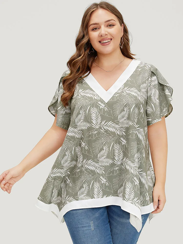 Tropical Contrast Trim Hanky Hem Petal Sleeve Blouse sold by Bloomchic product image thumbnail 2