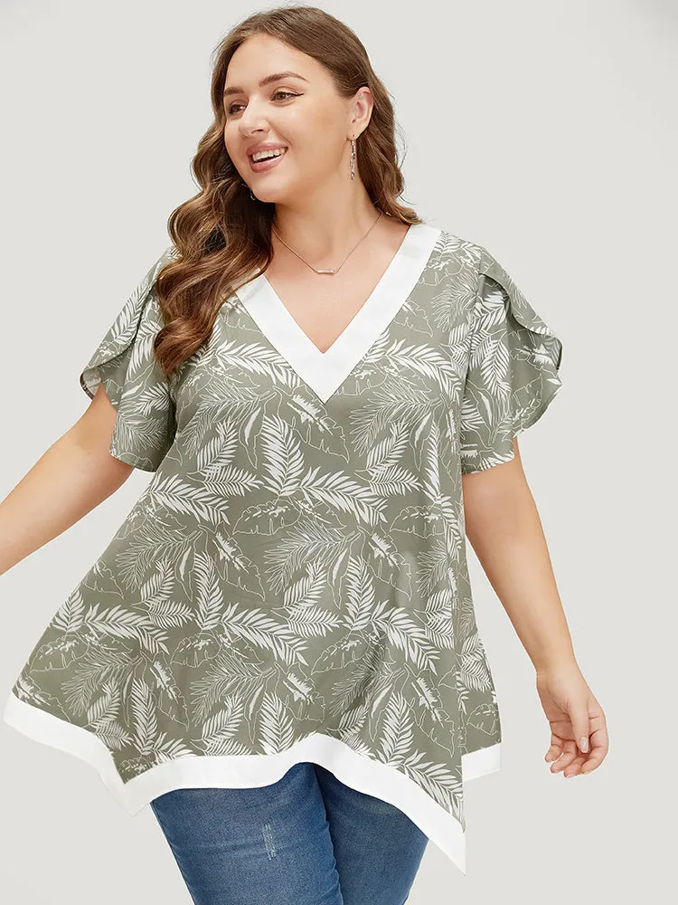 Tropical Contrast Trim Hanky Hem Petal Sleeve Blouse sold by Bloomchic