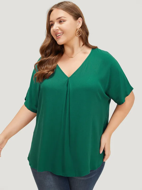 Plain Plicated Detail Batwing Sleeve Curved Hem Blouse sold by Bloomchic