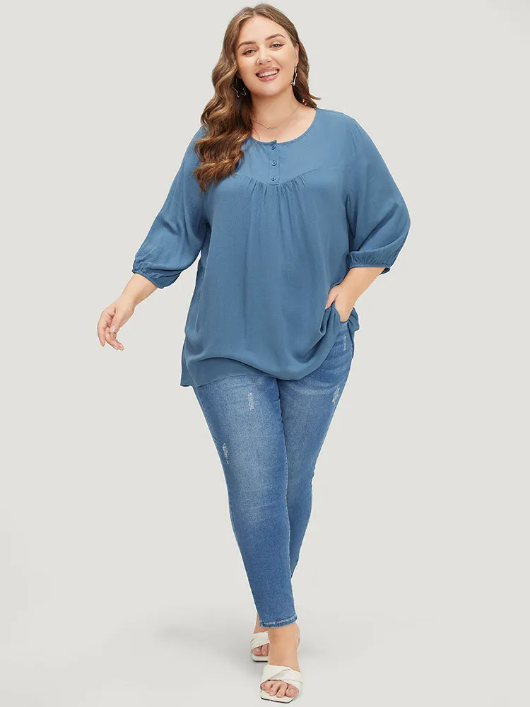 Plain Button Up Gathered Lantern Sleeve Blouse sold by Bloomchic product image thumbnail 5