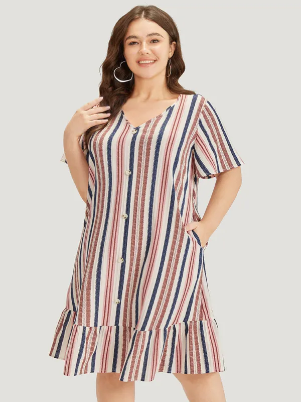 Striped Button Detail Pocket Ruffle Hem Dress sold by Bloomchic