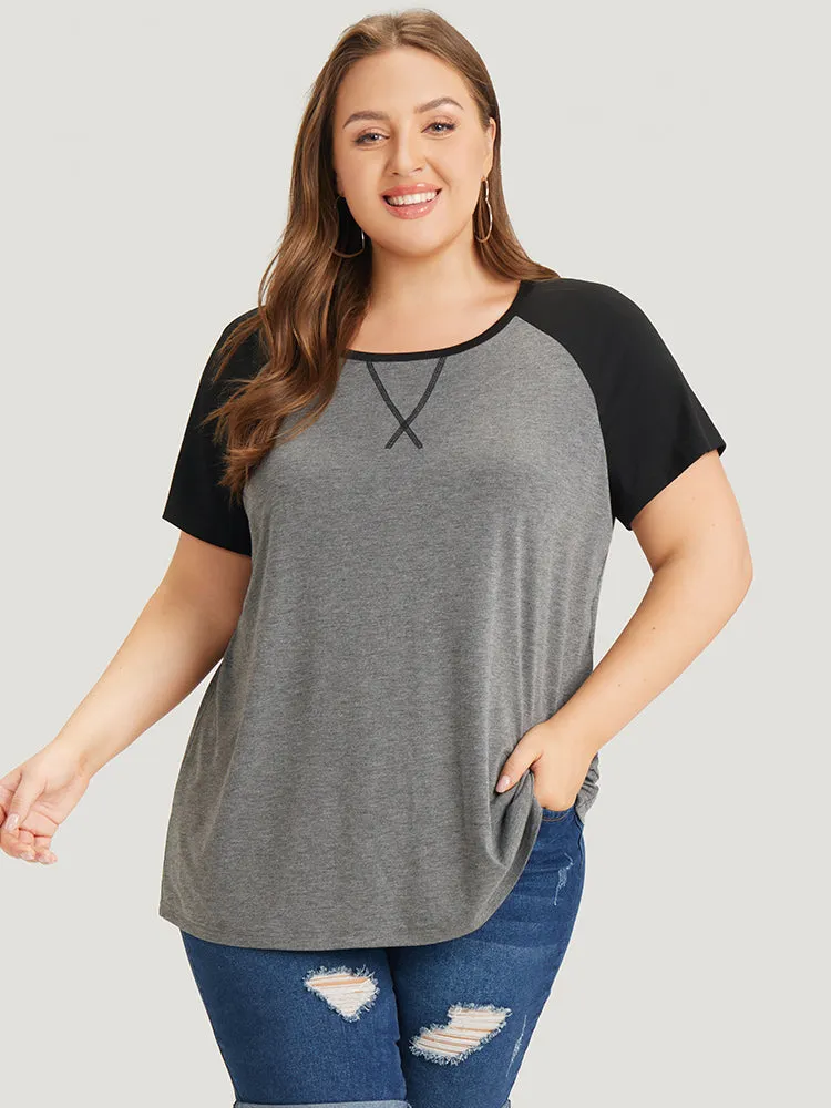 Two Tone Raglan Sleeve Crew Neck T-shirt sold by Bloomchic