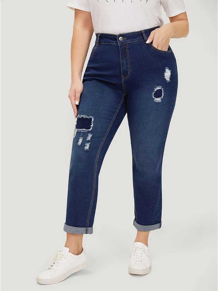 Very Stretchy High Rise Distressed Patched Roll Hem Jeans sold by Bloomchic product image thumbnail 5