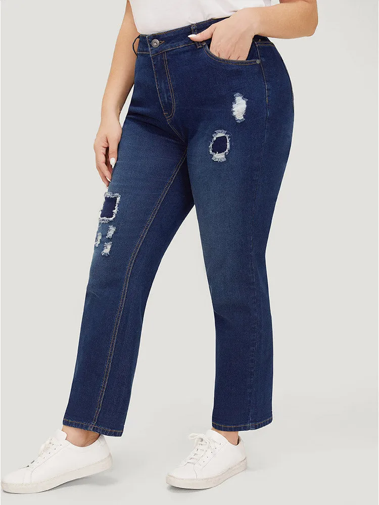 Very Stretchy High Rise Distressed Patched Roll Hem Jeans sold by Bloomchic product image thumbnail 4