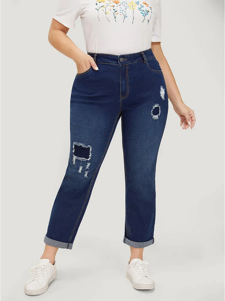 Very Stretchy High Rise Distressed Patched Roll Hem Jeans sold by Bloomchic