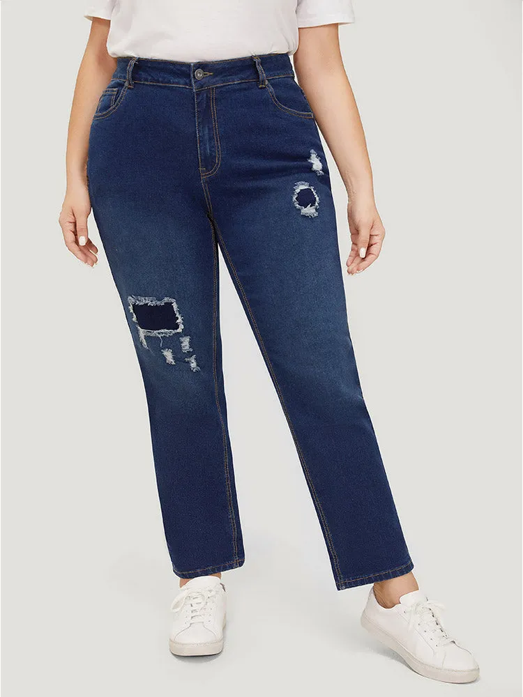Very Stretchy High Rise Distressed Patched Roll Hem Jeans sold by Bloomchic product image thumbnail 3