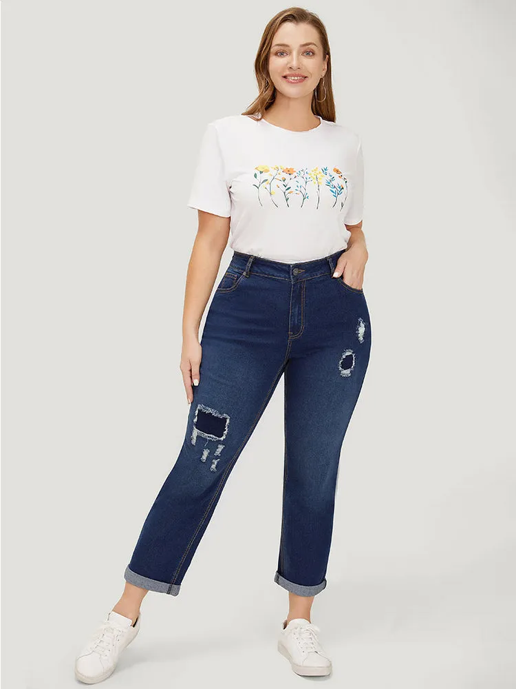 Very Stretchy High Rise Distressed Patched Roll Hem Jeans sold by Bloomchic product image thumbnail 2