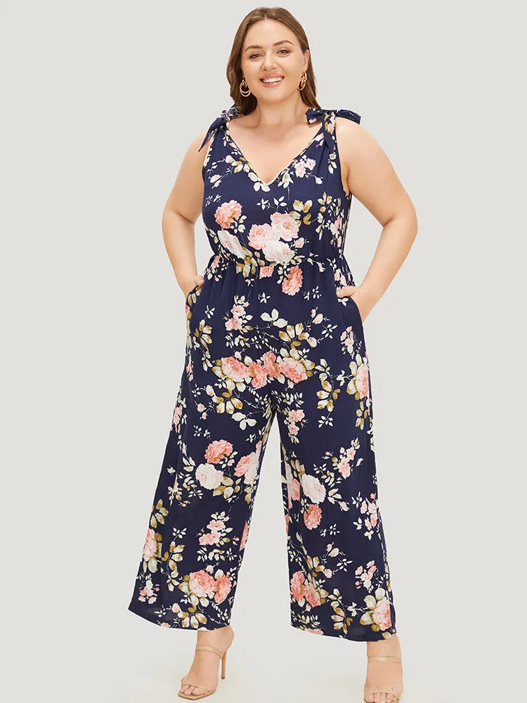 Floral Belt Pocket Knot Shoulder Jumpsuit sold by Bloomchic product image thumbnail 4