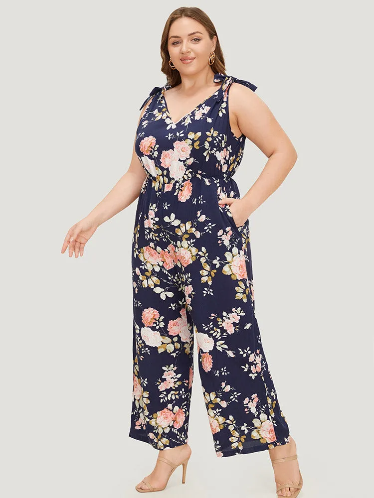 Floral Belt Pocket Knot Shoulder Jumpsuit sold by Bloomchic