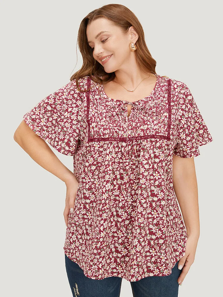 Ditsy Floral Lace Gathered Tie Neck Blouse sold by Bloomchic product image thumbnail 4