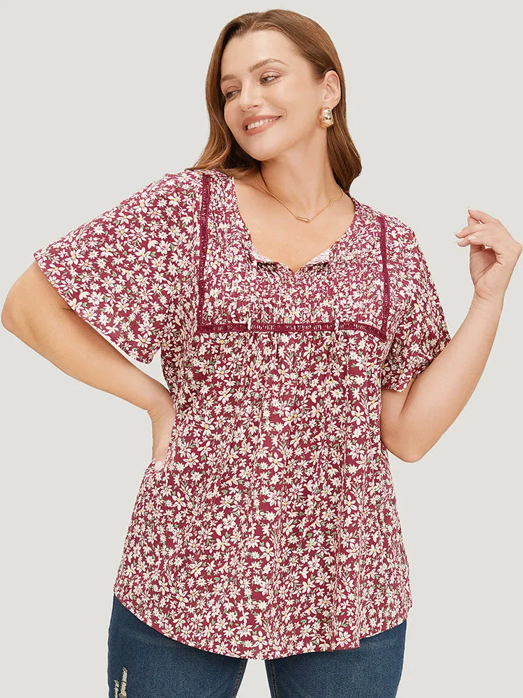 Ditsy Floral Lace Gathered Tie Neck Blouse sold by Bloomchic