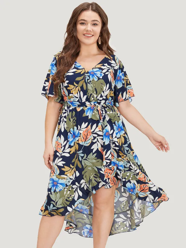 Floral High Low Hem Pocket Ruffles Wrap Dress sold by Bloomchic