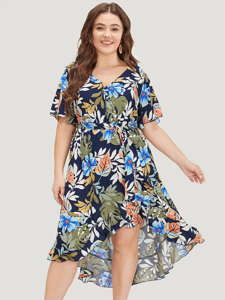 Floral High Low Hem Pocket Ruffles Wrap Dress sold by Bloomchic