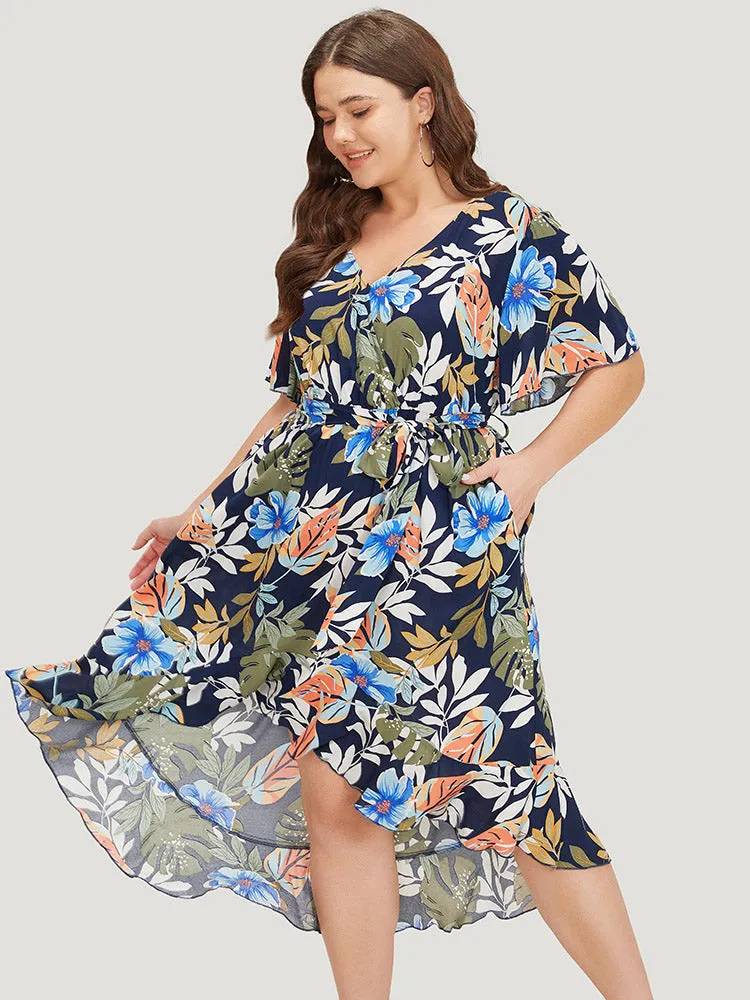 Floral High Low Hem Pocket Ruffles Wrap Dress sold by Bloomchic product image thumbnail 2