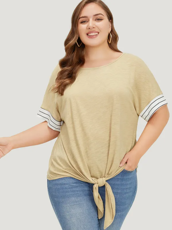 Striped Patchwork Knotted Hem Heather T-shirt sold by Bloomchic