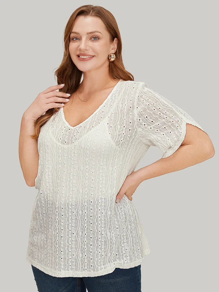 Plain Split Sleeve Eyelet Textured T-shirt sold by Bloomchic product image thumbnail 3