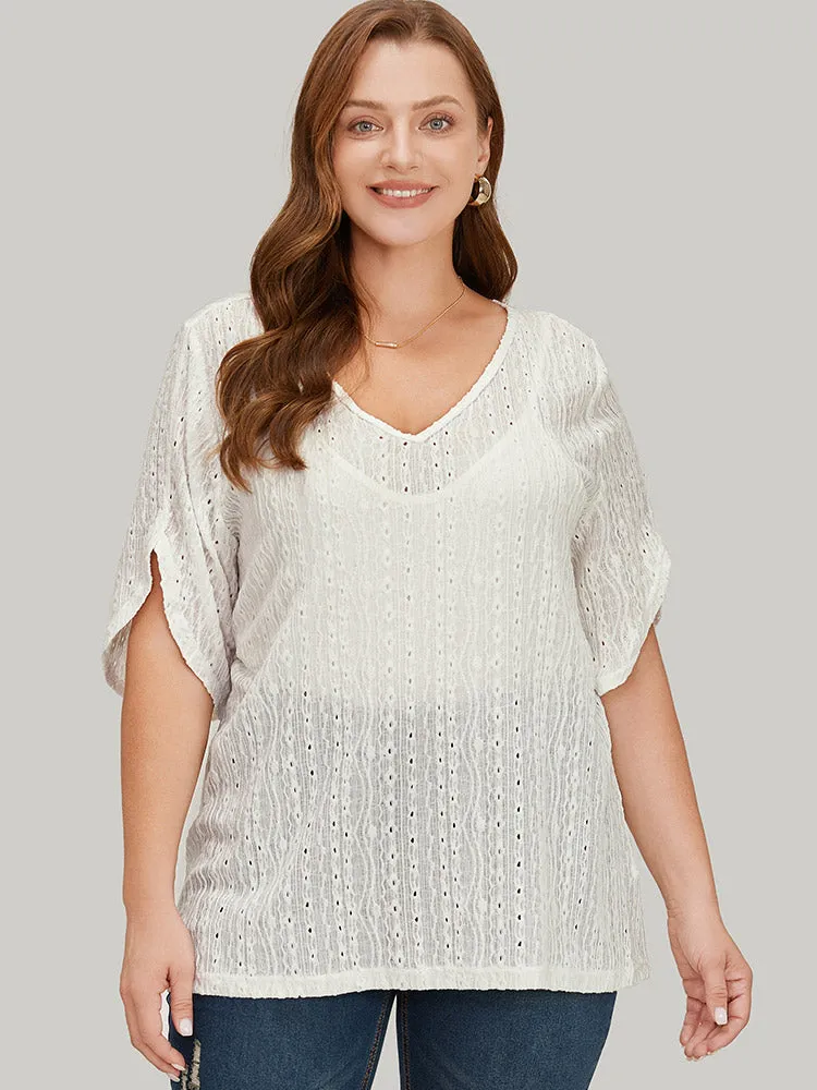 Plain Split Sleeve Eyelet Textured T-shirt sold by Bloomchic