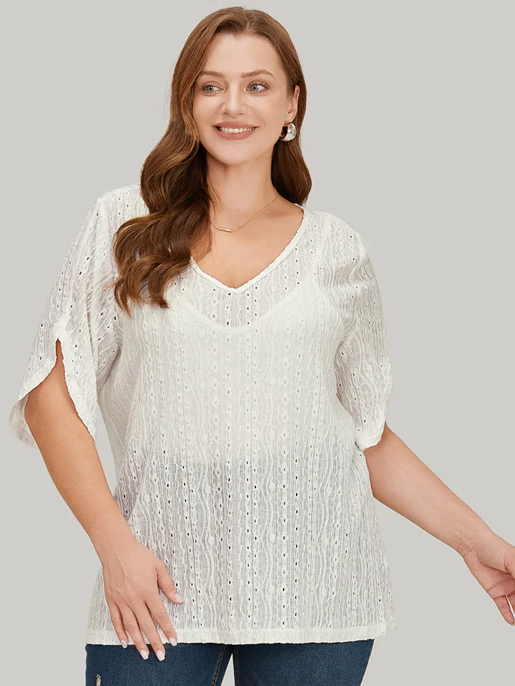 Plain Split Sleeve Eyelet Textured T-shirt sold by Bloomchic product image thumbnail 2