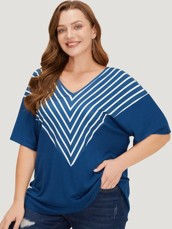 Striped V Neck Batwing Sleeve Geometric T-shirt sold by Bloomchic