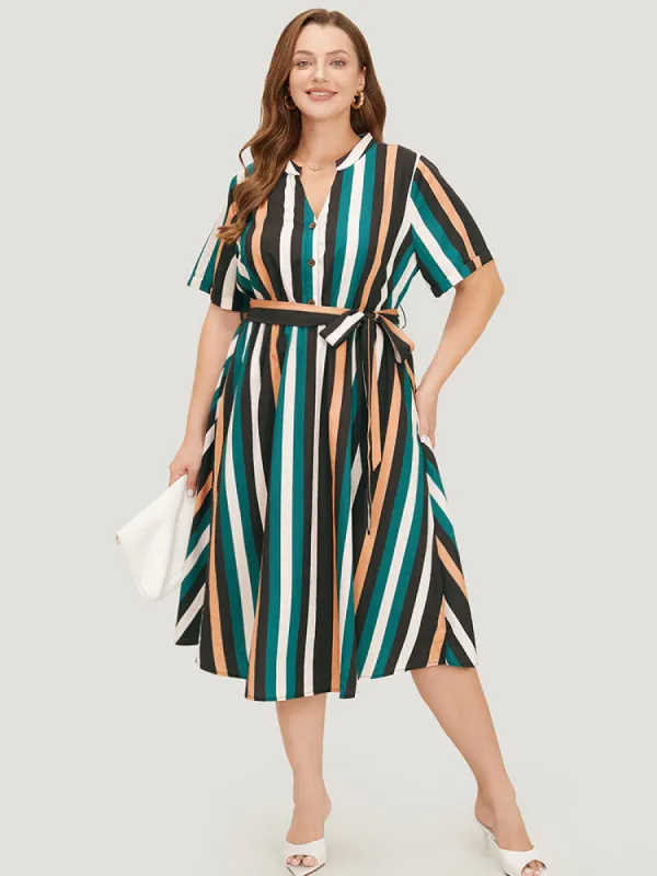 Striped Contrast Button Detail Belt Pocket Notched Dress sold by Bloomchic