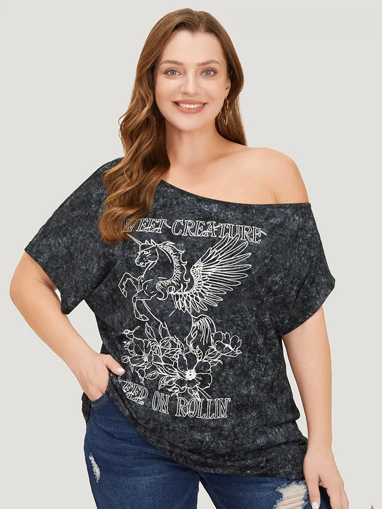 Unicorn & Floral Print One Shoulder Vintage T-shirt sold by Bloomchic product image thumbnail 2