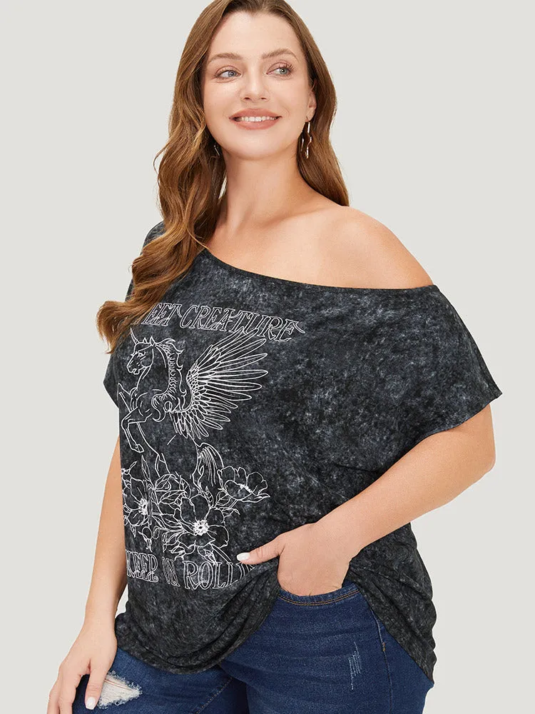 Unicorn & Floral Print One Shoulder Vintage T-shirt sold by Bloomchic product image thumbnail 4