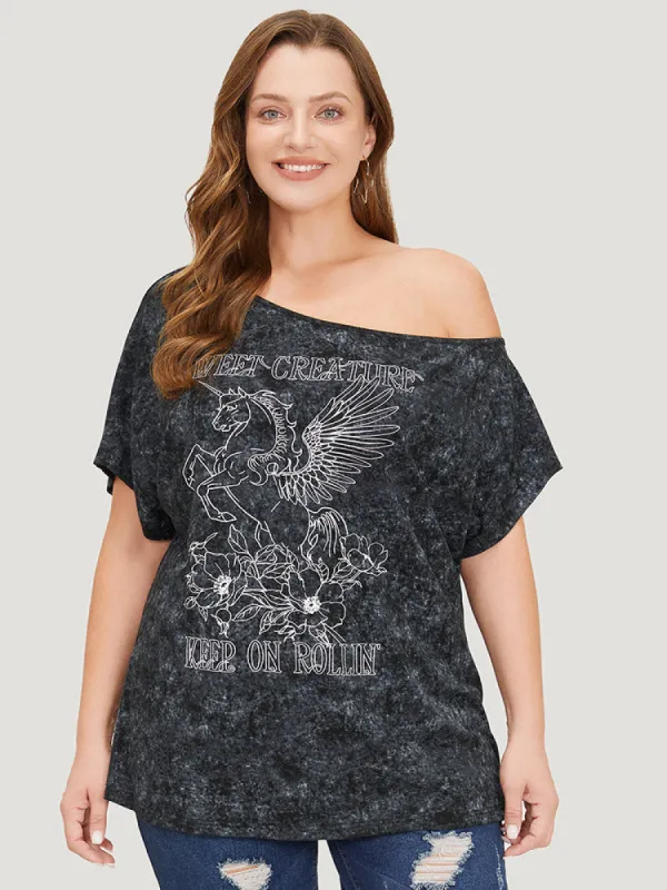 Unicorn & Floral  Print One Shoulder Vintage T-shirt sold by Bloomchic